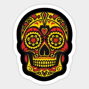 Heart of Tradition: Traditional Red and Gold Sugar Skull Art with Forehead Heart Sticker